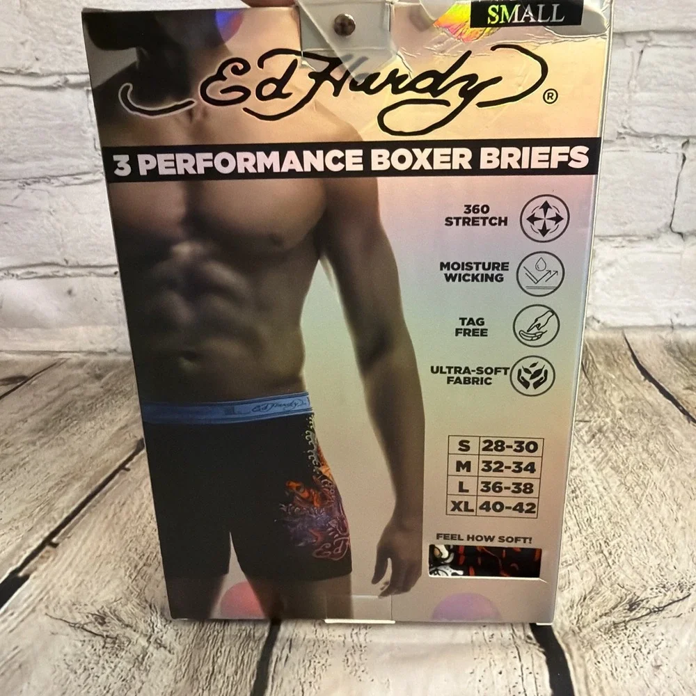 ED HARDY 3 Pack Men Performance Boxer Briefs Multicolor Prints New Size Small